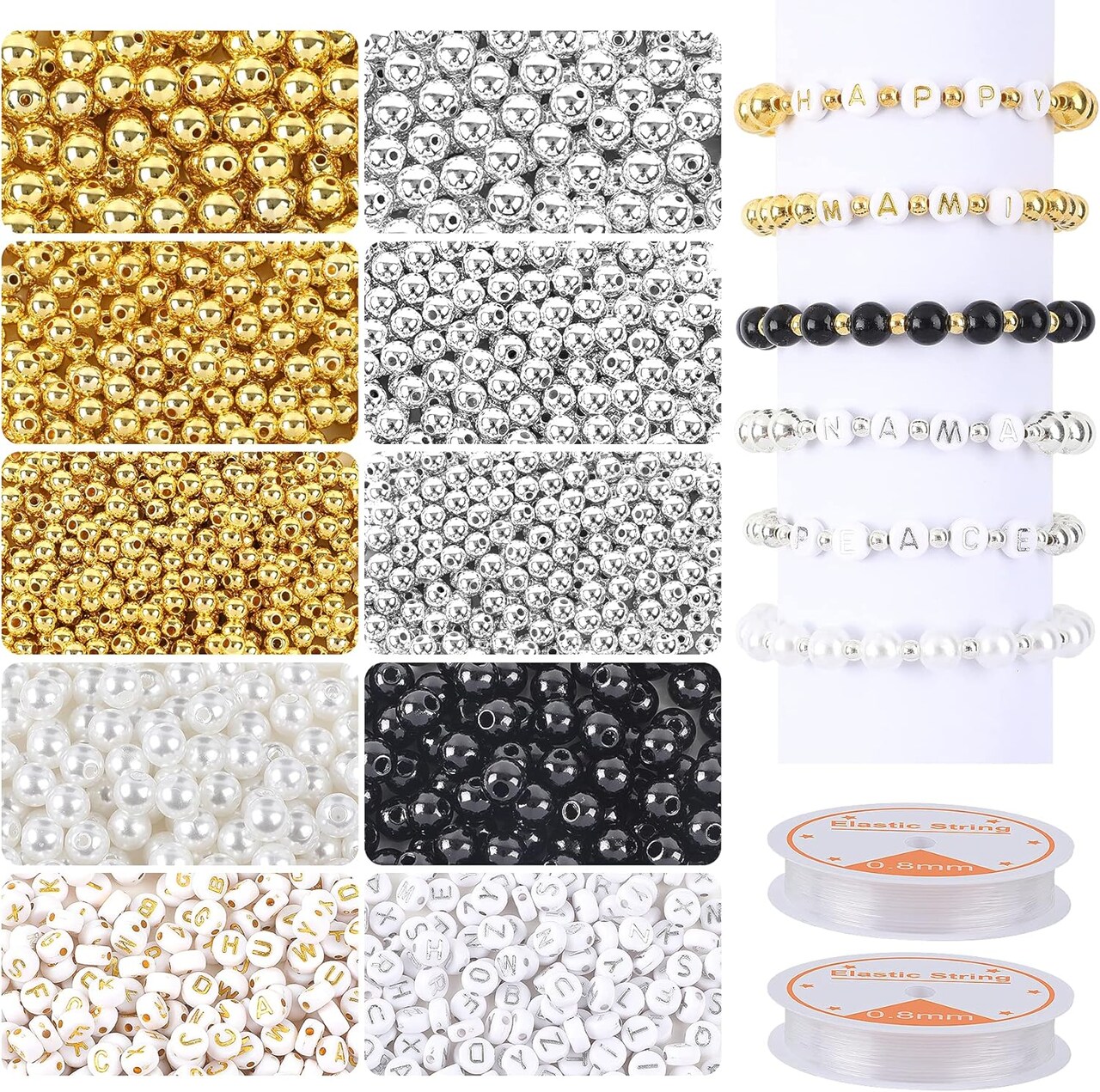 1800Pcs Jewelry Beads Making Set, Silver & Gold Round Spacer Beads 3 Sizes Smooth Alphabet Pearls Beads and 2 Rolls Elastic String for DIY Craft Supplies